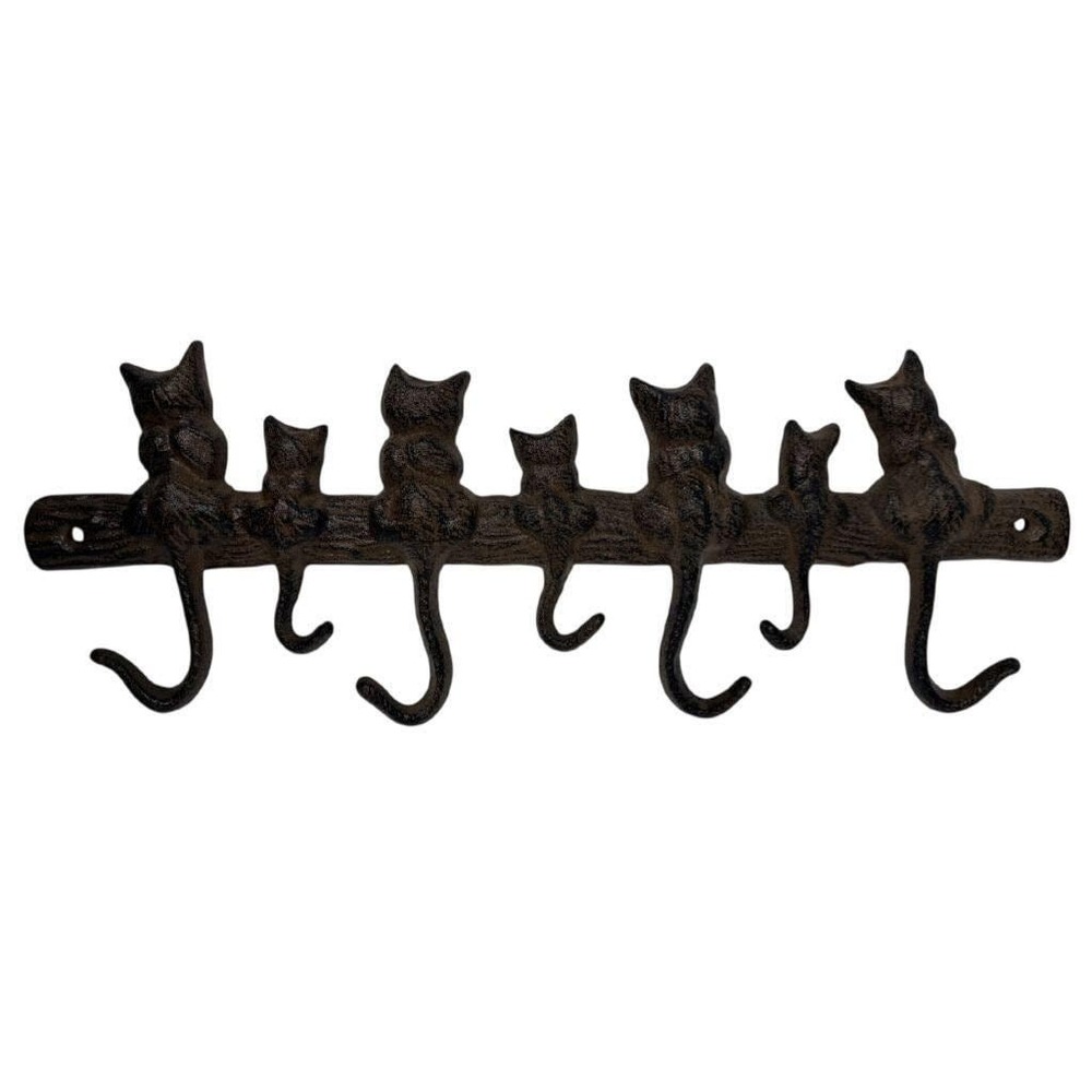 Vintage Cast Iron Cat Wall Hook Rack 6 Hooks Rustic Farmhouse 15.6" long Kittens